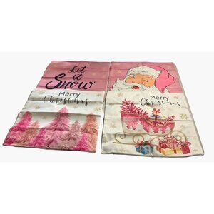 (4) Christmas Throw Pillow Covers Pink Santa Clause Let It Snow Gifts 17" x 17"